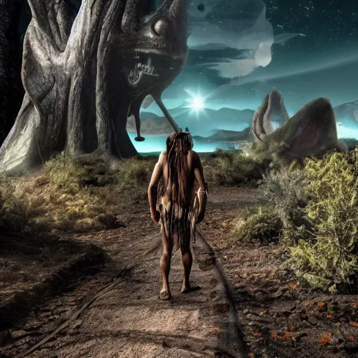 Image similar to photo of a prehistoric shaman walking in amazement on an alien planet