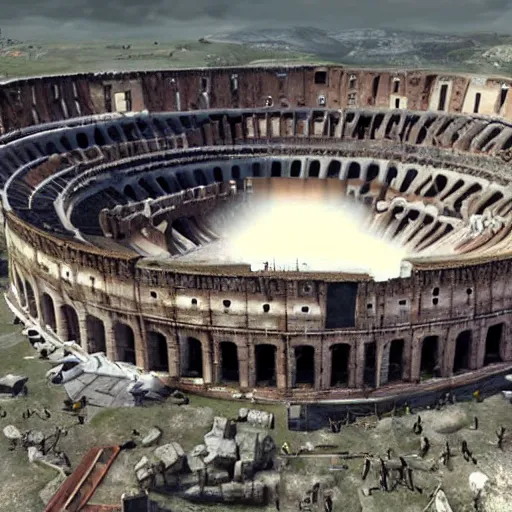 Prompt: Rebuild postapocalyptic Colosseum in Rome, screenshot from Fallout: New Vegas (2010)