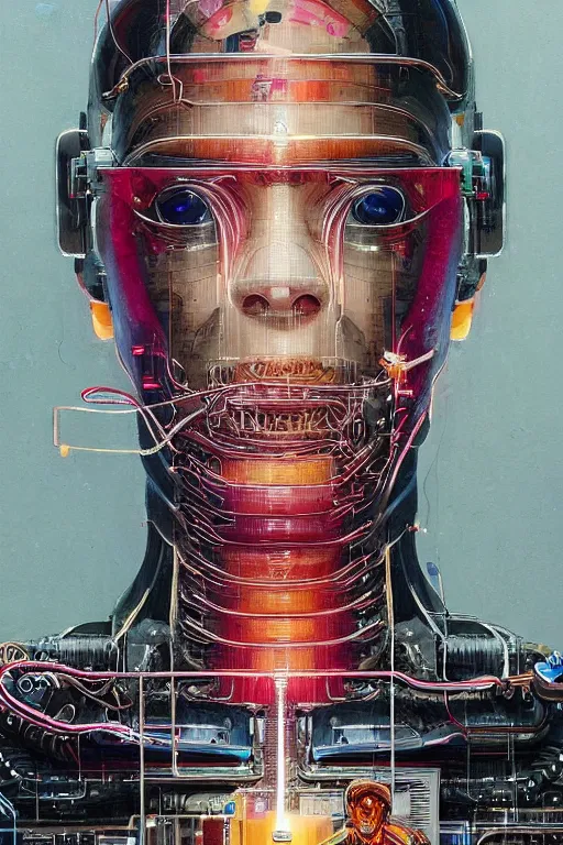 Image similar to portrait of computer & circuits, melting, selfie astronaut, 8 k, by tristan eaton, stanley artgermm, tom bagshaw, greg rutkowski, carne griffiths, ayami kojima, beksinski, giger, trending on deviantart, face enhance, hyper detailed, minimalist, cybernetic, android, blade runner, full of colour, super detailed