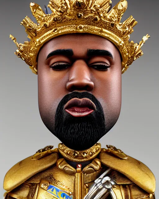 Image similar to highly detailed closeup, face profile portrait of a tin toy kanye west as a fairytale king wearing a crown and sitting on a throne, robes, depth of field, nicoletta ceccoli, mark ryden, lostfish, max fleischer, breathtaking, detailed and intricate environment, 8 k resolution, hyperrealistic, octane render