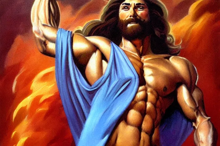 Prompt: jesus christ, a muscular long haired man in a toga. 1 9 8 0 s oil painting in the style of frank frazetta, boris vallejo. warm colors. detailed and hyperrealistic. concept art