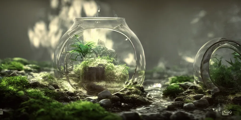 Image similar to terrarium photograph, a pipe flowing with milky liquid, central composition, fluid, ultra clear material, volumetric light, lightrays, cinematic, atmospheric, 3 d concept art, octane render, beautiful, cinematic lighting, intricate details.