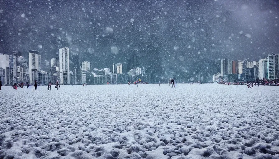 Prompt: the city of rio de janeiro covered in snow, view from copacabana beach, winter photograph, snowing, 4 k, award winning photograph, beautiful, trending on instagram