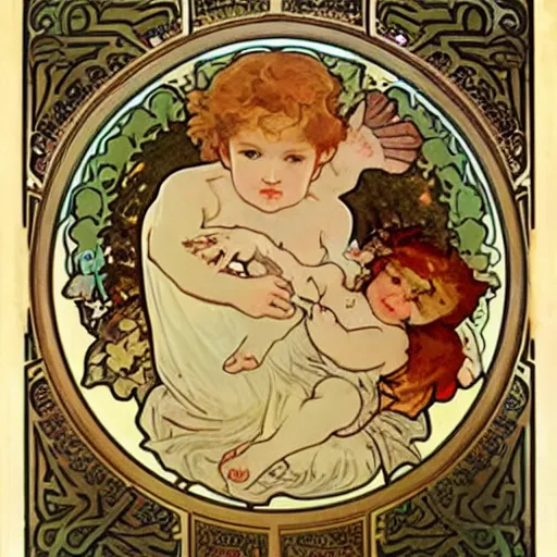 Prompt: cherub with four faces in one, byalphonse mucha