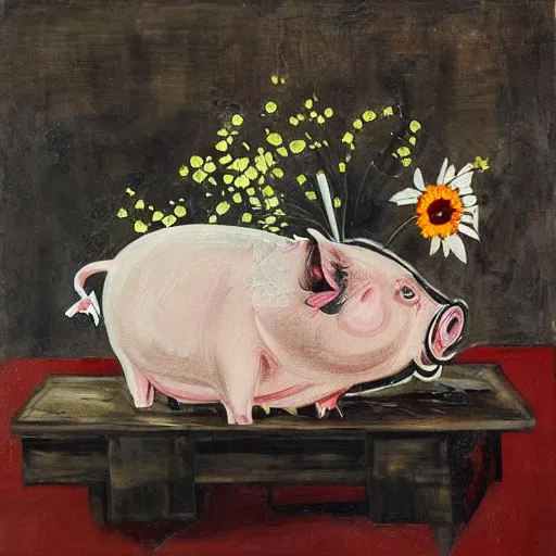 Image similar to “pig paintings and pig sculptures in a pig art gallery, pork, ikebana white flowers, white wax, squashed berries, acrylic and spray paint and oilstick on canvas, by munch and Dali”