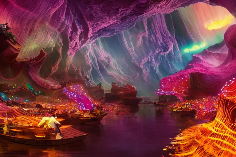 Image similar to floating markets of times square river with bioluminescent wave in new york city mixed antelope canyon during sakura season on an interstellar aurora borealis, gold waterfalls, vendors, festivals, fun, by peter mohrbacher, james jean, james gilleard, greg rutkowski, vincent di fate, rule of thirds, octane render, beautiful landscape