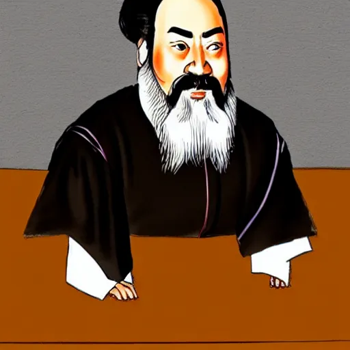 Prompt: Confucius in the american courtroom sketch