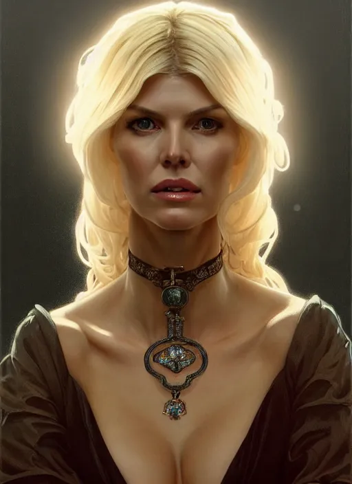 Prompt: portrait of victoria silvstedt as a lady, collar and leash, jewelry, greek, dark, intricate, headshot, highly detailed, digital painting, artstation, concept art, sharp focus, cinematic lighting, illustration, art by artgerm and greg rutkowski, alphonse mucha, cgsociety