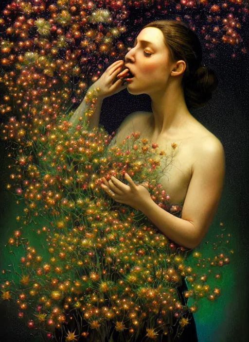 Prompt: hyper detailed 3d render like a Oil painting - Aurora (Singer) Eats of the Strangling Fruit and Her delicate Hands full of gossamer polyp blossoms bring iridescent translucent fungal flowers whose spores black the foolish stars by Jacek Yerka, Mariusz Lewandowski, Houdini algorithmic generative render, Abstract brush strokes, Masterpiece, Edward Hopper and James Gilleard, Zdzislaw Beksinski, Mark Ryden, Wolfgang Lettl, hints of Yayoi Kasuma, octane render, 8k