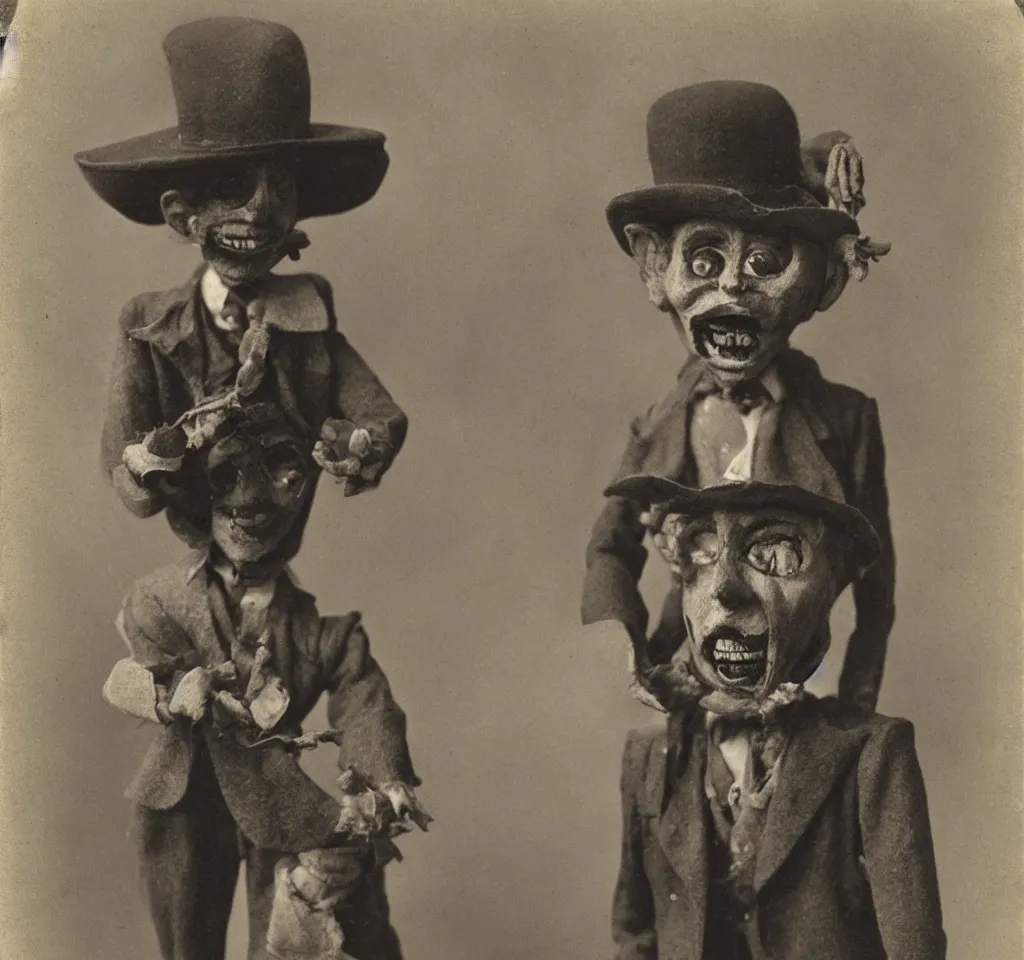 Prompt: a ventriloquist figure wearing a funny hat, ventriloquist dummy head, smiling, photograph, style of atget, nightmare, concept art, creepy, antique