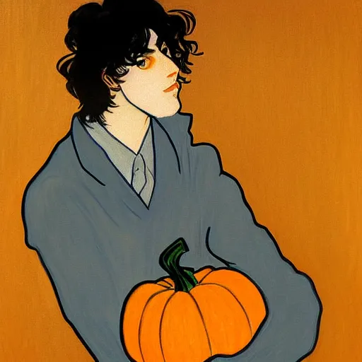 Prompt: painting of young cute handsome beautiful dark medium wavy hair man in his 2 0 s named shadow taehyung at halloween pumpkin jack o'lantern party, depressed, melancholy, autumn, muted colors, japan, elegant, clear, painting, stylized, delicate, soft facial features, delicate facial features, soft art, art by alphonse mucha, vincent van gogh, egon schiele