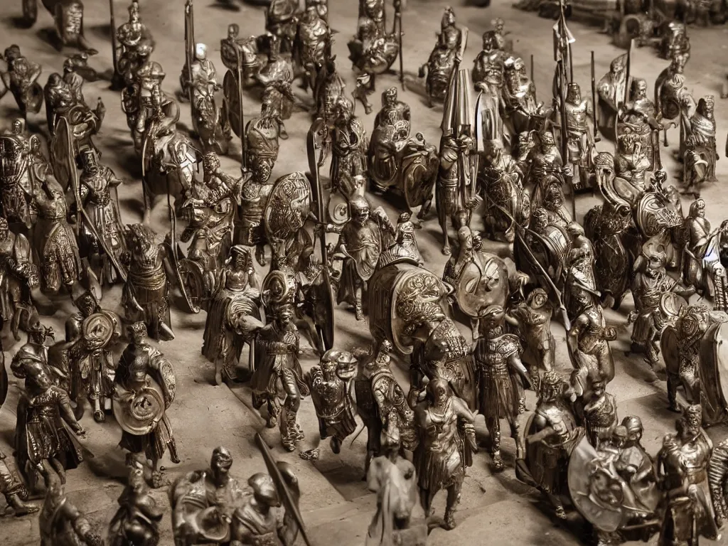 Image similar to Roman legions of Caesar parading in Rome, in the style of Jérôme Bosch, intricate details