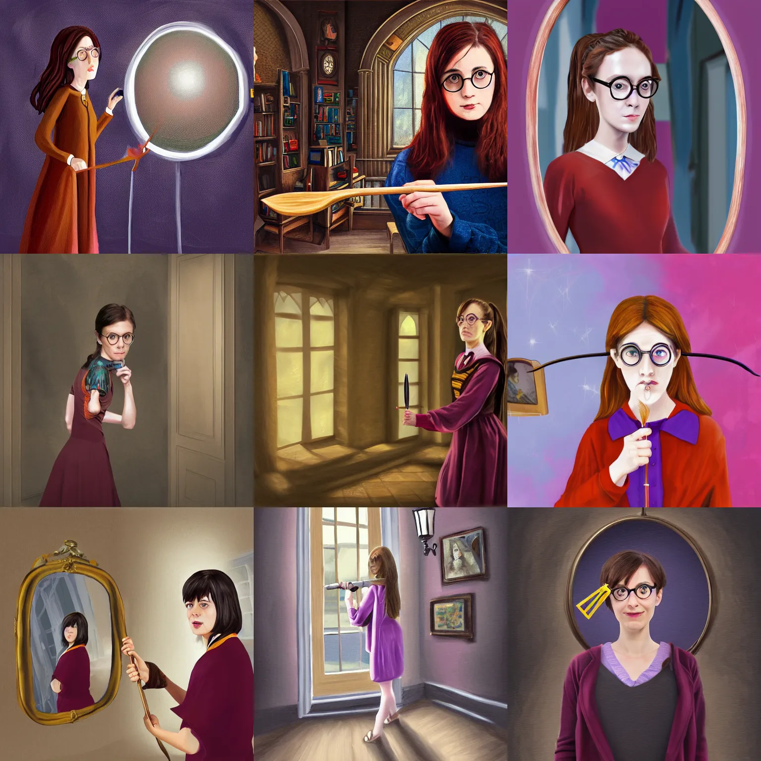 Prompt: painting of a confused woman dressed like harry potter, looking in mirror, holding wand, hogwarts interior in the background, digital art