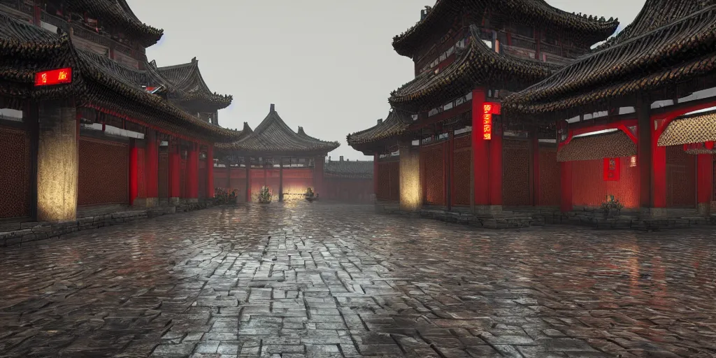 Prompt: medieval beijing city with heavy rain, cinematic, ultra - realistic, ultra - detailed, octane render, unreal engine 5, depth of field