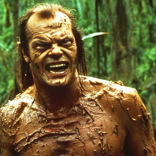 Image similar to cinematic still of jack nicholson, covered in mud and watching a predator in a swamp in 1 9 8 7 movie predator, hd, 4 k