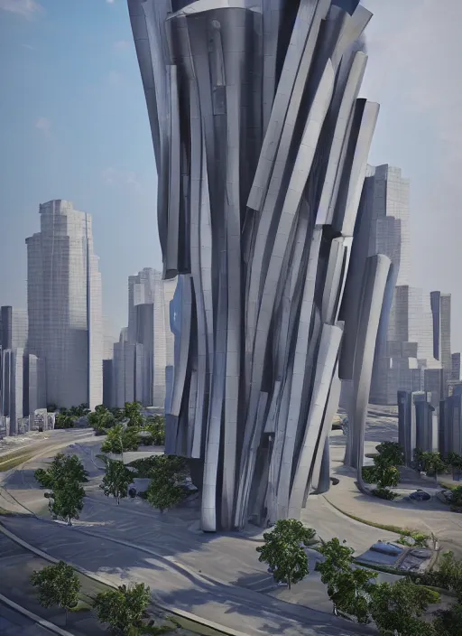 Image similar to highly detailed realistic architecture 3 d render of a futurisctic stele in frank gehry style made from atom models standing near a highway, archdaily, made in unreal engine 4 octane render