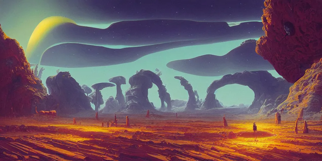 Prompt: pilgrimage to saturn, a highly detailed cinematic oil painting by roger dean and alena aenami, dynamic lighting