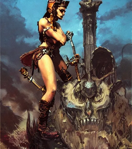 Prompt: mighty princess of the wasteland, scrap metal headdress, ominous ruins, strong line, deep color, cloudy sky, beautiful! coherent! by brom, by frank frazetta,
