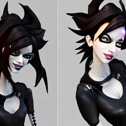 Image similar to a 3 d render of tracer from overwatch but in a gothic style, wearing black lipstick and black eyeliner, 4 k, detailed,