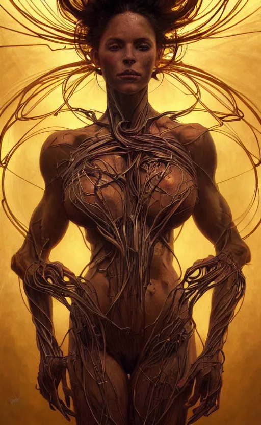 Image similar to portrait of a dark goddess, gold wires, visible veins and nerves and muscles and bones and arteries, intricate, headshot, highly detailed, digital painting, artstation, concept art, sharp focus, cinematic lighting, illustration, art by artgerm and greg rutkowski, alphonse mucha, cgsociety