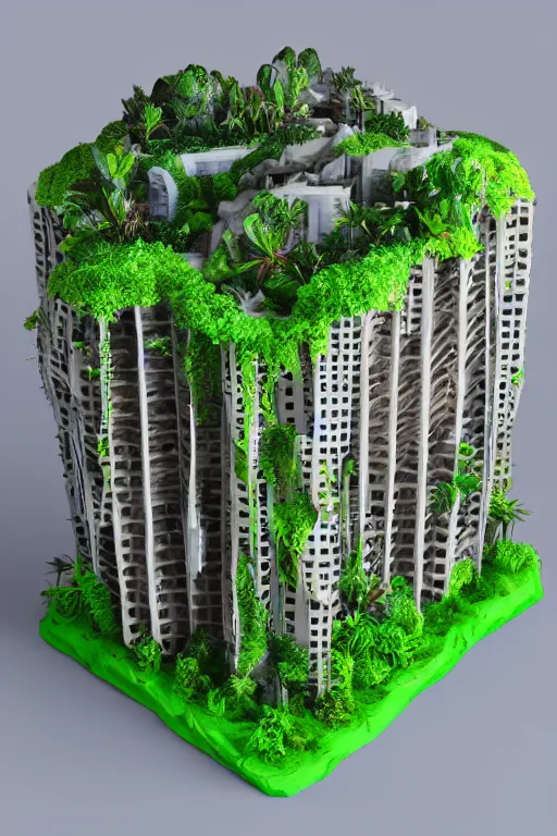 Prompt: 3 d printed physical model organic flowy including more than one city into one vertical building model that sits on a table in a room with a view back, multiple stories, with lush vegetation, colorful, 8 0 k, octane render, highly detailed 3 d render,