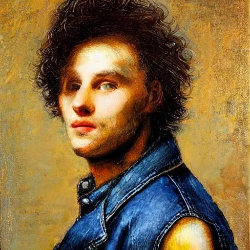 Prompt: “beautiful impasto portrait of a punk rock young man with long curly dark hair and a denim vest over a leather jacket playing guitar, as painted by winslow henry and rembrandt”