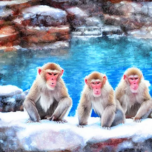 Prompt: snow monkeys at the mountain spa, muted color (blues, reds), digital art by Steve Henderson