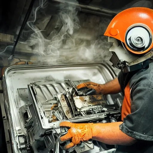 Image similar to technician repairing head of toaster oven mecha, dark messy smoke - filled cluttered workshop, dark, dramatic lighting, orange tint, cinematic, highly detailed, sci - fi, futuristic, movie still