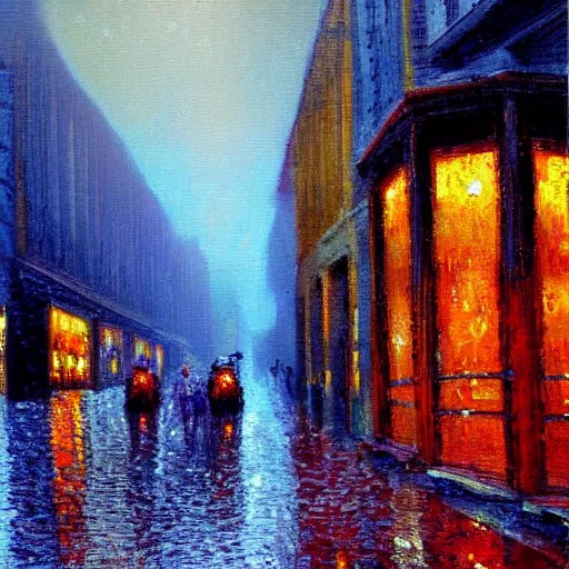 Image similar to rainy street, impressionism