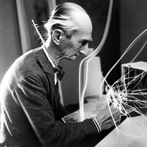 Image similar to a long exposure shot of Marcel Duchamp working on a readymade object, archival pigment print