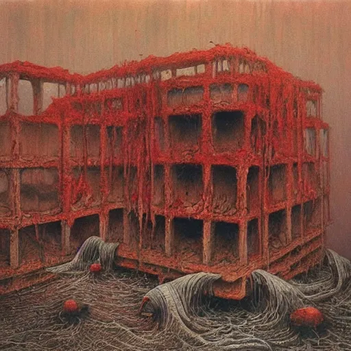 Prompt: surrealist painting of a brutalist building turning into meat, red webs, post apocalyptic, painted by beksinski