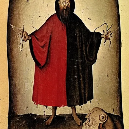 Prompt: portrait of an old frail ominous wise wizard man wearing an ancient robe, surrounded by frail red demons art by hieronymus bosch