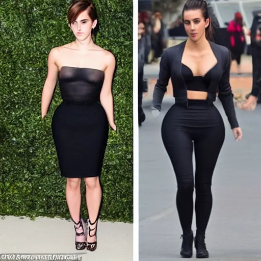 Image similar to Full-figure shot of a Emma Watson/Kim Kardashian hybrid