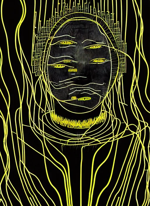 Image similar to highly detailed closeup portrait of wasteland long glowing yellow and white plasma hair tribal lady, stray electric spark wiring by jean jullien, 4 k resolution, gradient yellow, black and white color scheme!!! ( ( lightning robotic city background ) )