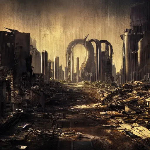 Prompt: the ruins of a futuristic city in a post-apocalyptic world, photography, award winning, 8k