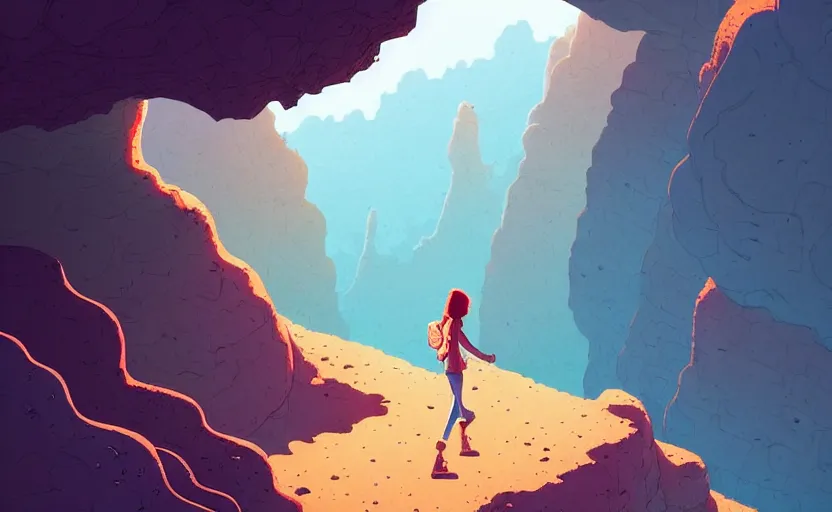 Image similar to natural cave wall, girl walking, dynamic light, some rocks on the ground, thin layer of mist low over ground, illustration by josan gonzales and moebius, clean thick line, comics style, studio muti, malika favre, rhads, makoto