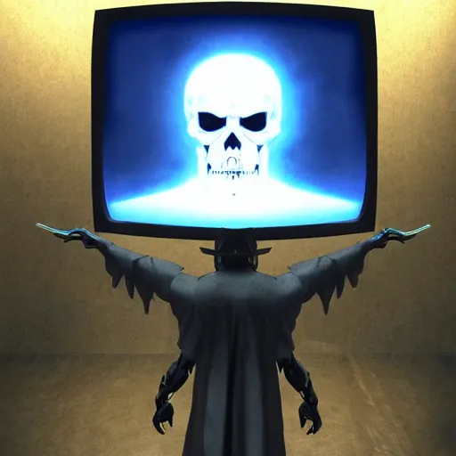 Prompt: a grim reaper with a crt monitor for a head. the monitor has a blue screen with white letters on it. by frank frazetta, simon bisley, brom, concept art, octane render, unreal engine 5, highly detailed, high quality, 8 k, soft lighting, realistic face, path traced