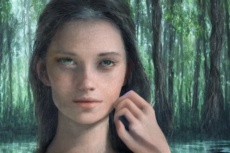 Prompt: a close-up of a woman staring at her reflection on a pond in a secret forest, very detailed, trending on artstation and deviantart