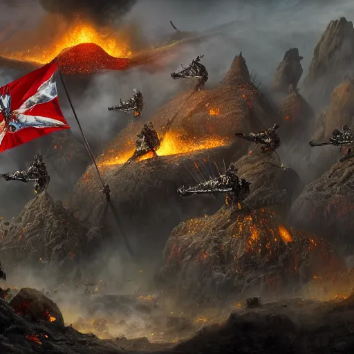 Image similar to an army of muppets flying out of a volcano with flag bearers and trumpeters, intricate detail, royo, vallejo, frazetta, giger, whealan, hd, unreal engine,