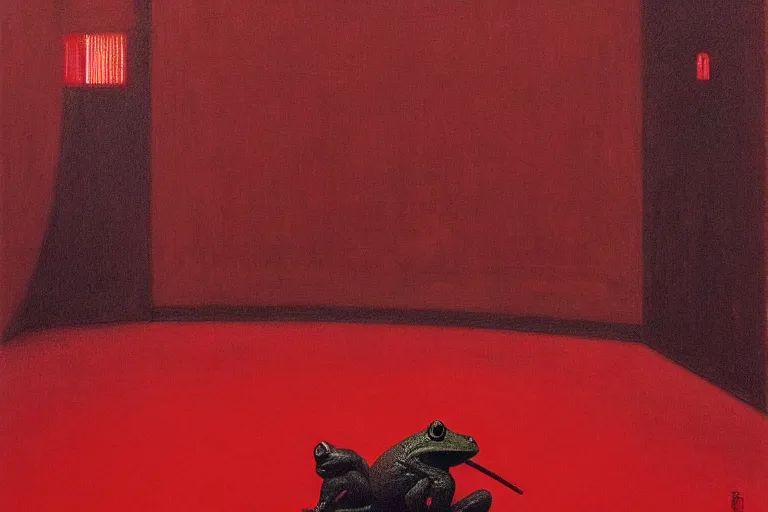 Image similar to only with red, a red samurai harakiri, tokio, a lot of frogs watch, in the style of beksinski, parts by edward hopper, parts by rodcenko, parts by yue minjun, intricate and epic composition, red by caravaggio, insanely quality, highly detailed, masterpiece, red light, artstation, 4 k