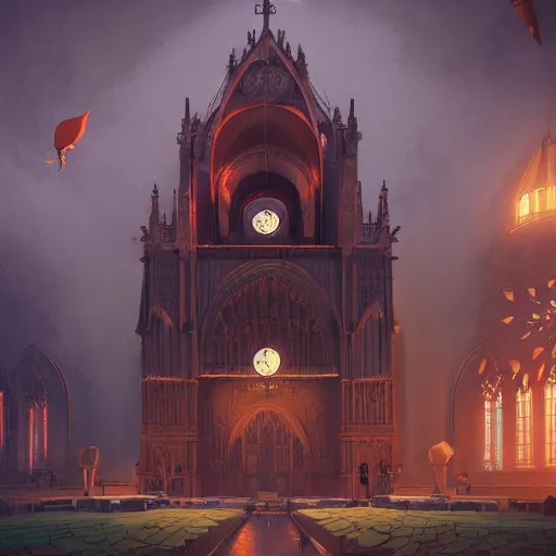 Image similar to ilustration, a cathedral under the red moon with a huge clock in the middle of the church, characterized by roman shipunov, etienne hebinger, atey ghailan, cgsociety, cynical realism, fantasy art, 2 d game art