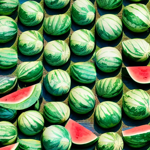 Prompt: watermelons float on the ocean, photo from a height of 1 km