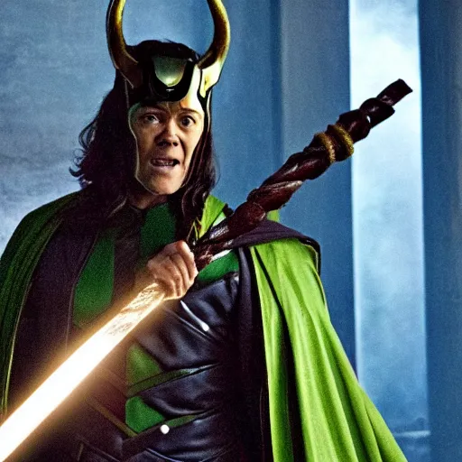 Image similar to film still of Samuel L Jackson as Loki, wearing Loki Helmet, wielding a powerful magical staff, in new Avengers film