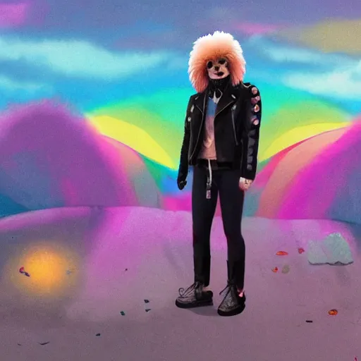 Image similar to wide angle full body, jacket wearing fluffy cute rainbow kitten wearing a black leather motorcycle jacket, cinematic concept art