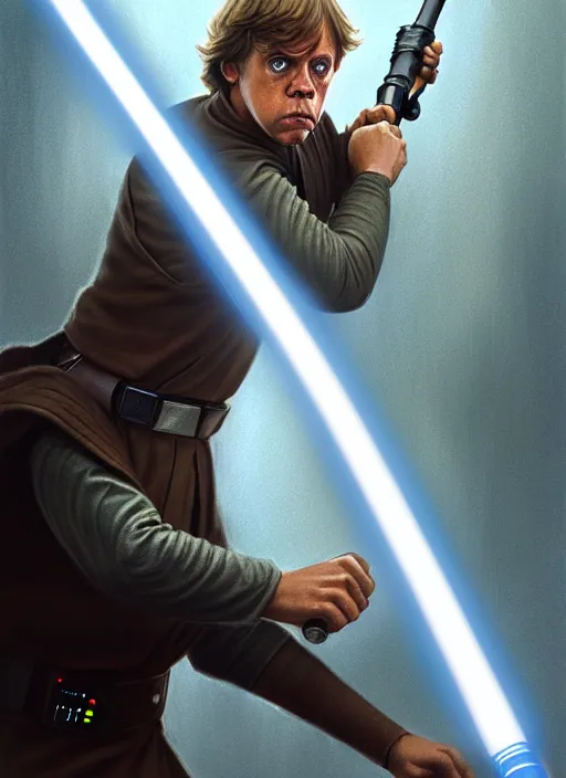 Image similar to Luke Skywalker using a baseball bat instead of a Lightsaber in star wars, highly detailed, digital painting, artstation, concept art, sharp focus, illustration, cinematic lighting, art by artgerm and greg rutkowski and alphonse mucha diffuse lighting, fantasy, intricate, elegant, highly detailed, lifelike, photorealistic, digital painting, artstation, illustration, concept art, smooth, sharp focus, art by John Collier and Albert Aublet and Krenz Cushart and Artem Demura and Alphonse Mucha