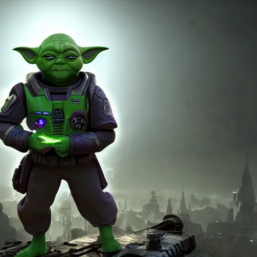 Image similar to yoda as buzz lightyear buzz lightyear in gears of war, splash art, movie still, cinematic lighting, dramatic, octane render, long lens, shallow depth of field, bokeh, anamorphic lens flare, 8 k, hyper detailed, 3 5 mm film grain