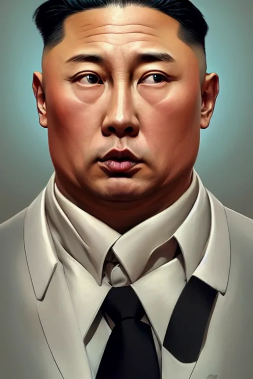 Image similar to vladimir putin with kim jong un hairstyle, realistic portrait, symmetrical, highly detailed, digital painting, artstation, concept art, smooth, sharp focus, illustration, cinematic lighting, art by artgerm and greg rutkowski and alphonse mucha