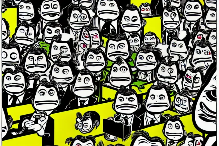 Image similar to anthropomorphic highly detailed wide - angle group portrait of grey cute mr bean goblins looking funny by roy lichtenstein, by andy warhol, ben - day dots, pop art, bladerunner, pixiv contest winner, cyberpunk style, vivid color scheme, high resolution, hd, intricate detail, fine detail, 8 k