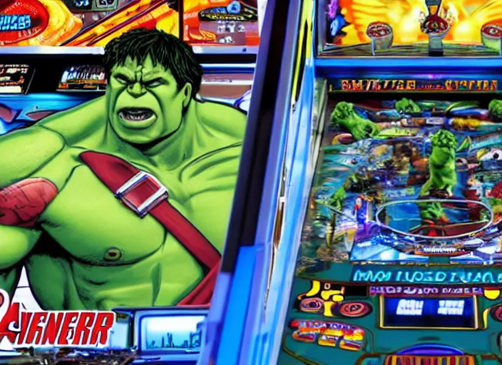 Image similar to film still of hulk playing pinball in the new avengers movie, 4 k