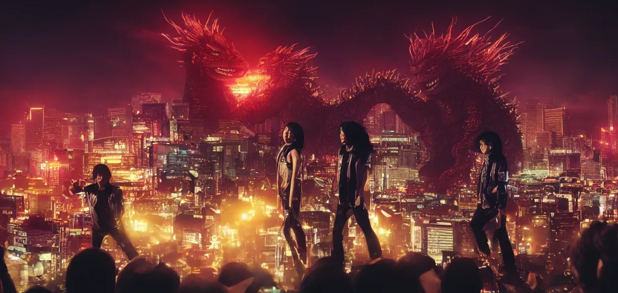 Image similar to The wide shot of disco punk rock Asian band with very long curly dark hair playing on guitars while Godzilla destructs the city, night city on the background, flying saucer in the sky, by Lubezki and David Lynch, anamorphic 35 mm lens, cinematic, anamorphic lens flares 4k